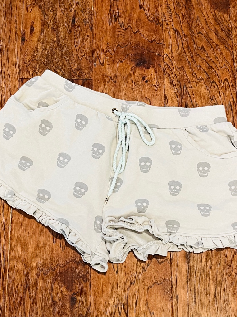 Skull Print Grey Lounge Shorts with Ruffle Hem Size M